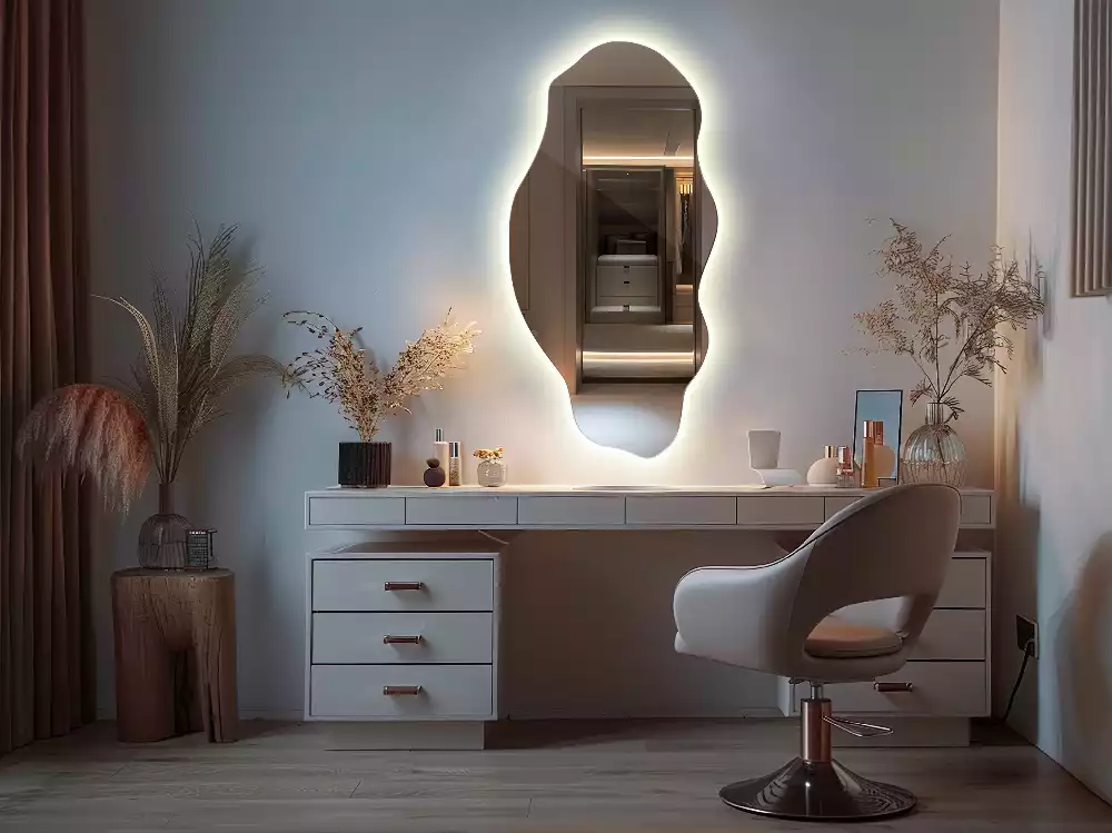 Oglindă decorativă asimetrică suspendată cu iluminare LED