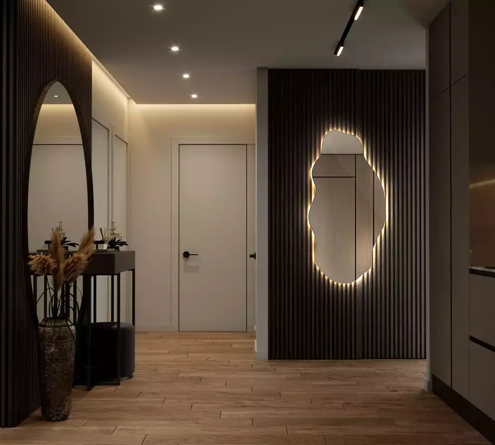 Oglindă decorativă asimetrică suspendată cu iluminare LED