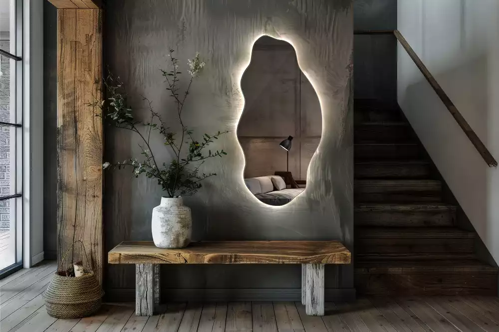 Oglindă decorativă asimetrică suspendată cu iluminare LED