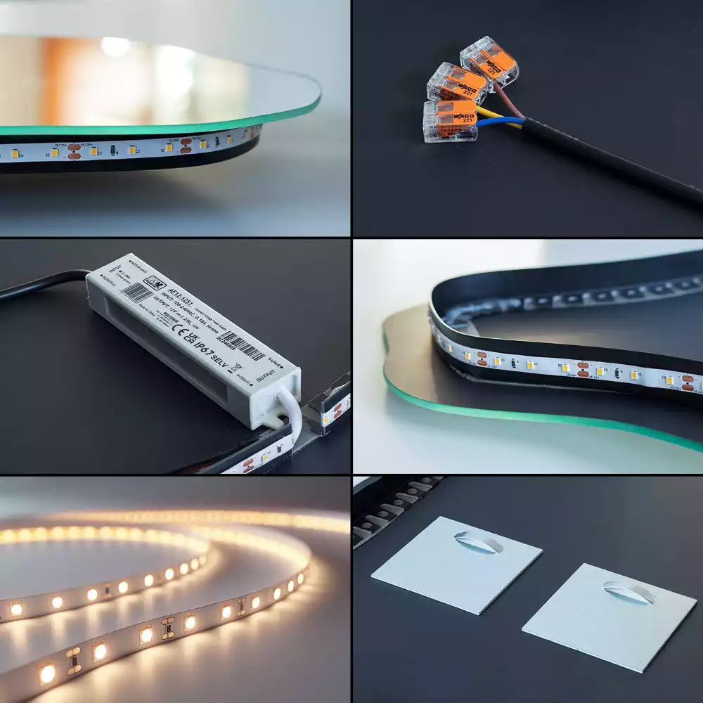 Oglindă decorativă asimetrică suspendată cu iluminare LED