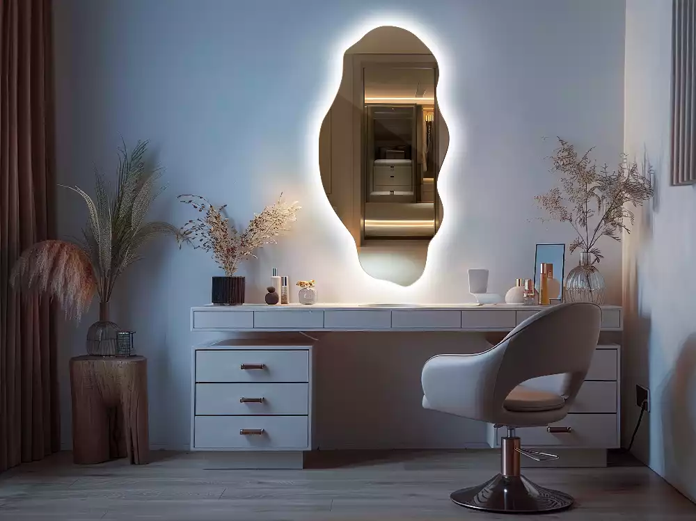 Oglindă decorativă asimetrică suspendată cu iluminare LED