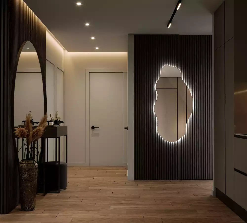 Oglindă decorativă asimetrică suspendată cu iluminare LED
