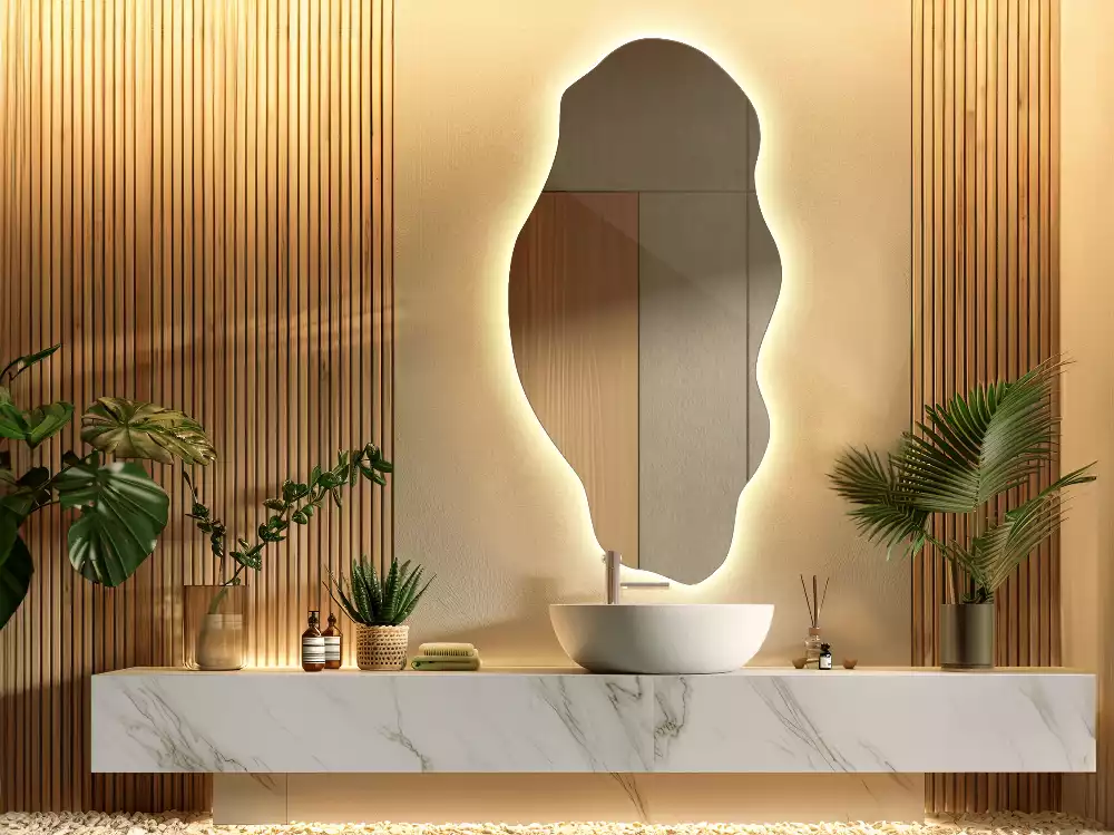 Oglindă decorativă asimetrică suspendată cu iluminare LED