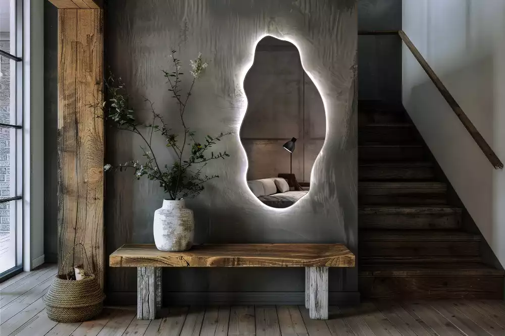 Oglindă decorativă asimetrică suspendată cu iluminare LED
