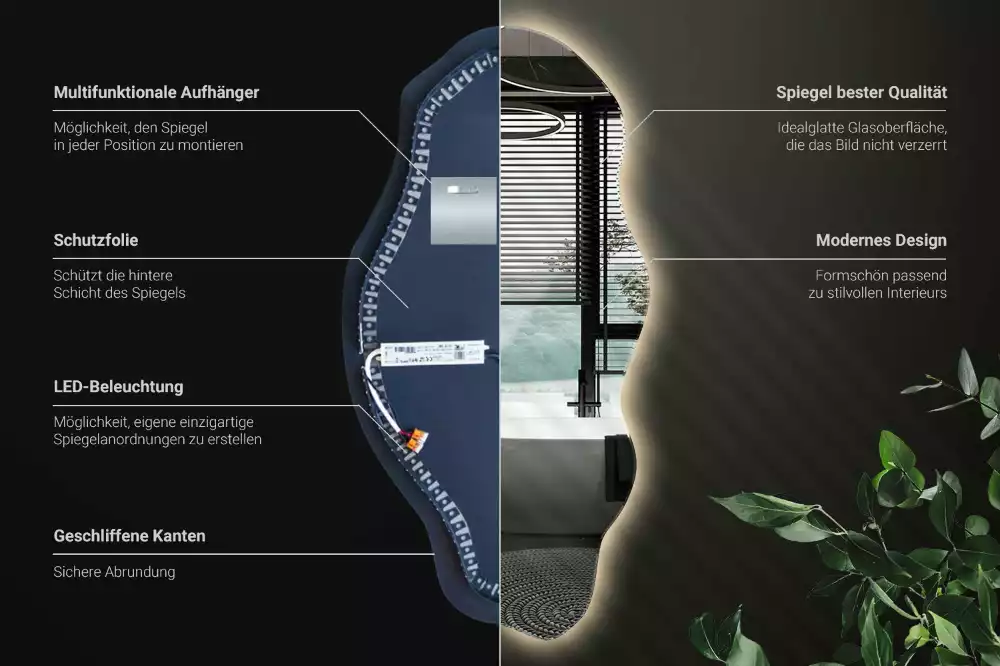 Oglindă decorativă asimetrică suspendată cu iluminare LED