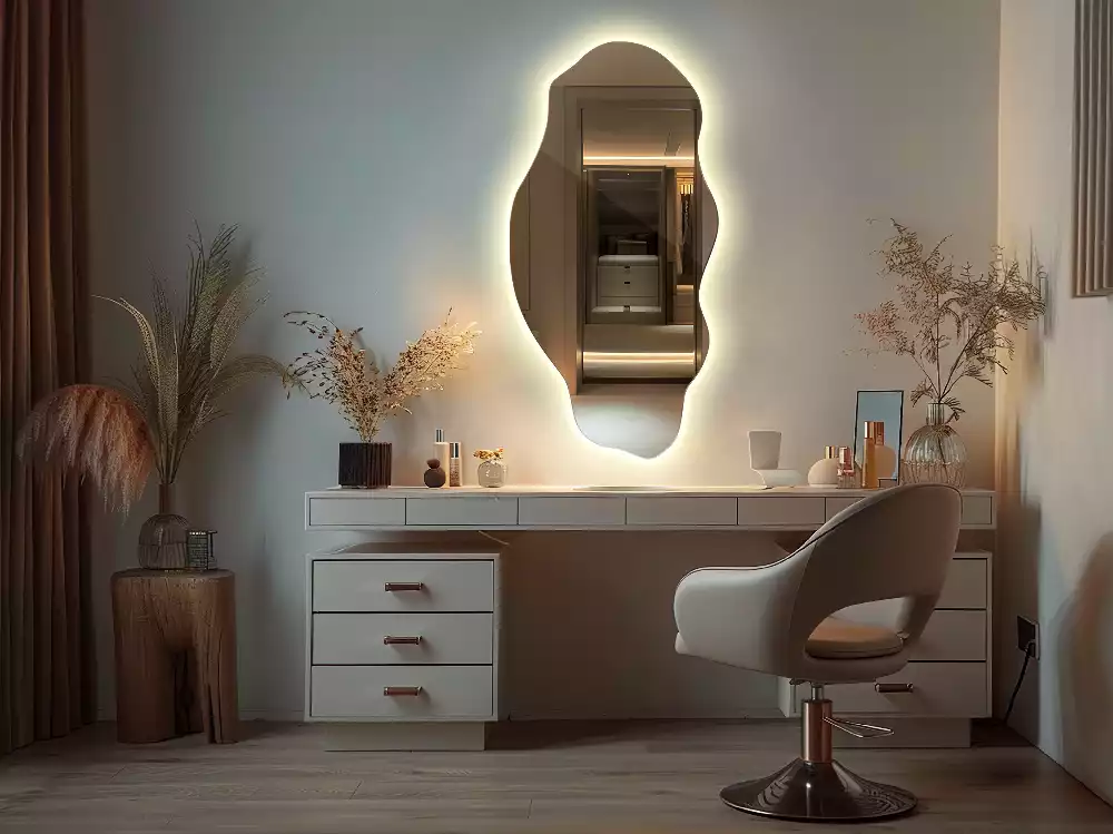 Oglindă decorativă asimetrică suspendată cu iluminare LED