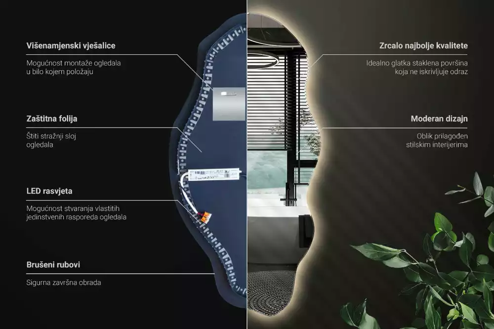 Oglindă decorativă asimetrică suspendată cu iluminare LED