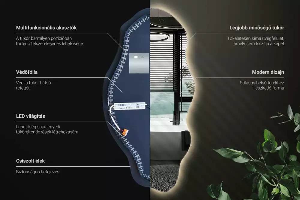 Oglindă decorativă asimetrică suspendată cu iluminare LED