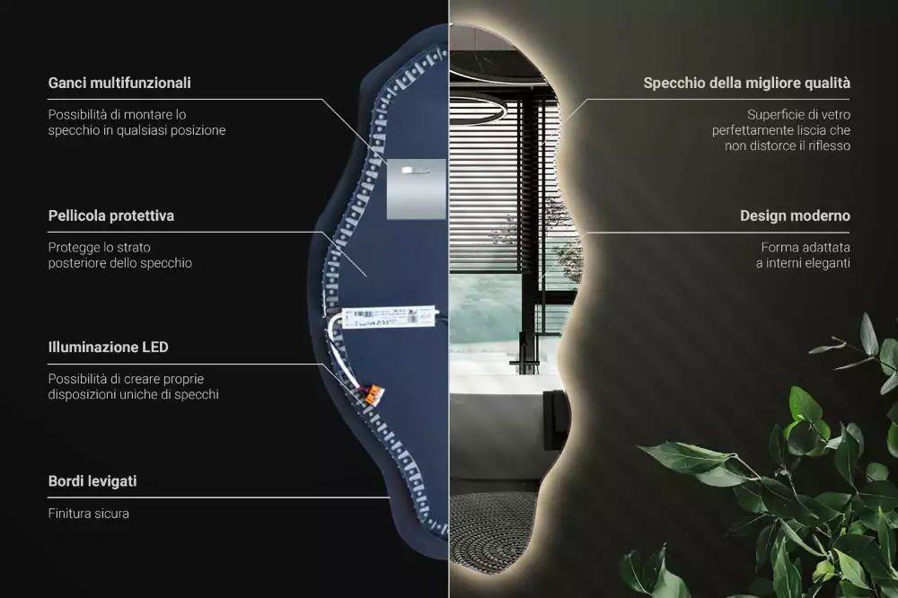 Oglindă decorativă asimetrică suspendată cu iluminare LED