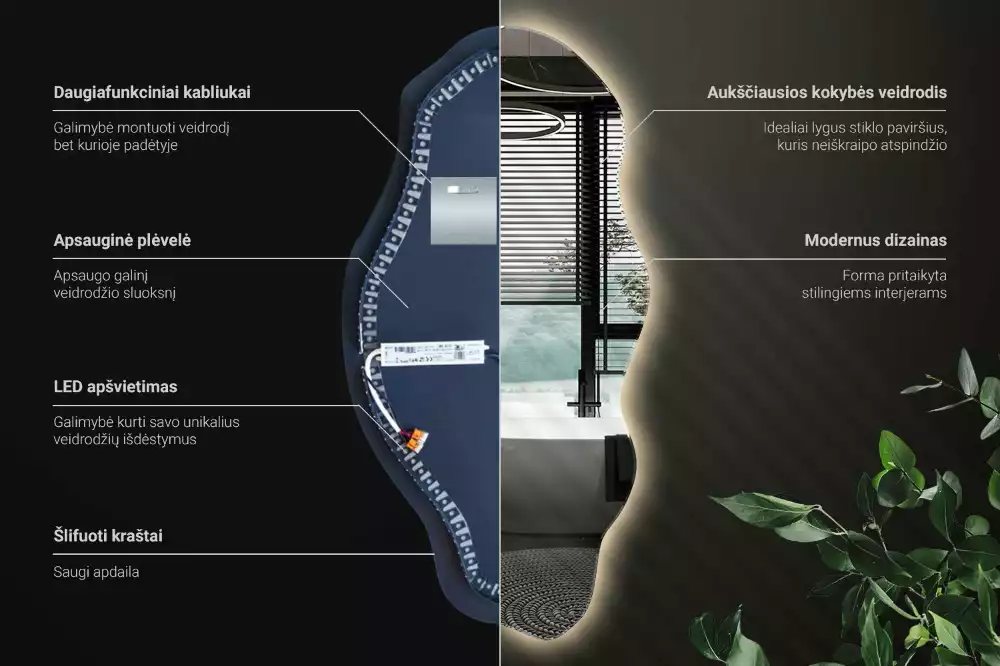 Oglindă decorativă asimetrică suspendată cu iluminare LED