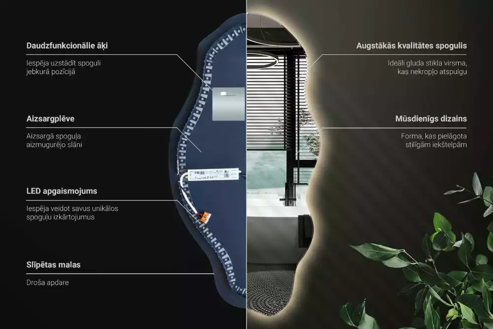Oglindă decorativă asimetrică suspendată cu iluminare LED