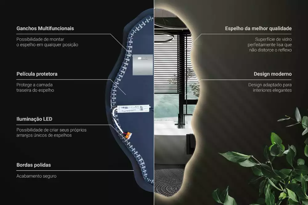 Oglindă decorativă asimetrică suspendată cu iluminare LED