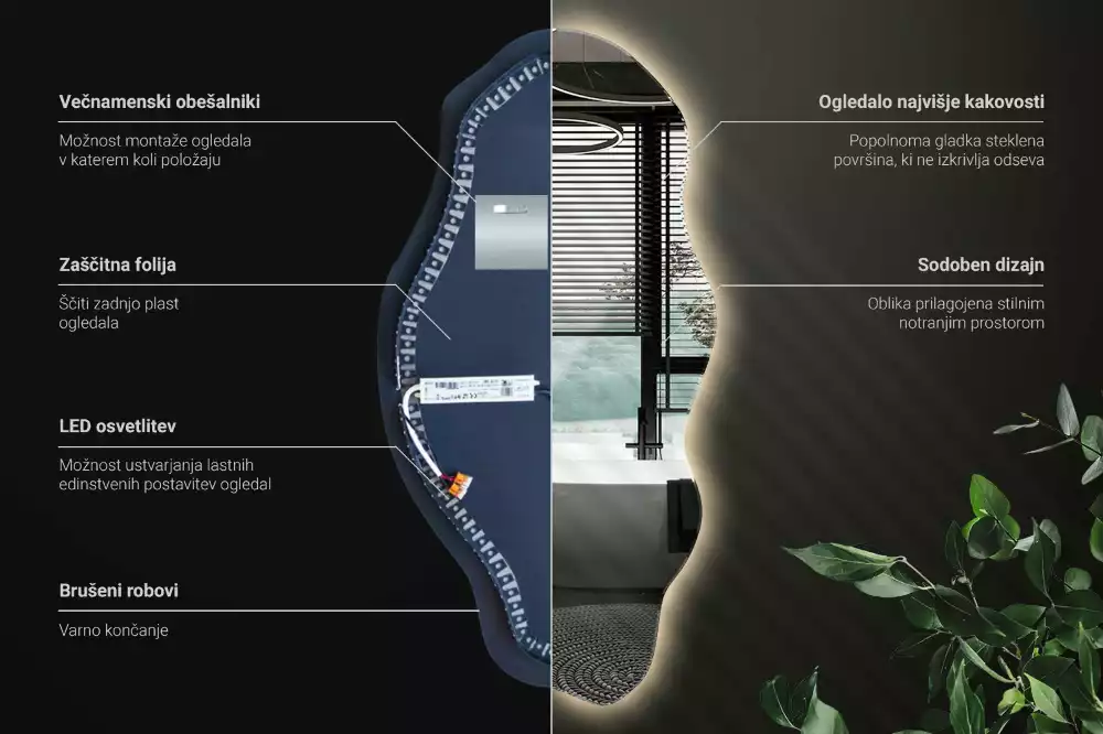 Oglindă decorativă asimetrică suspendată cu iluminare LED