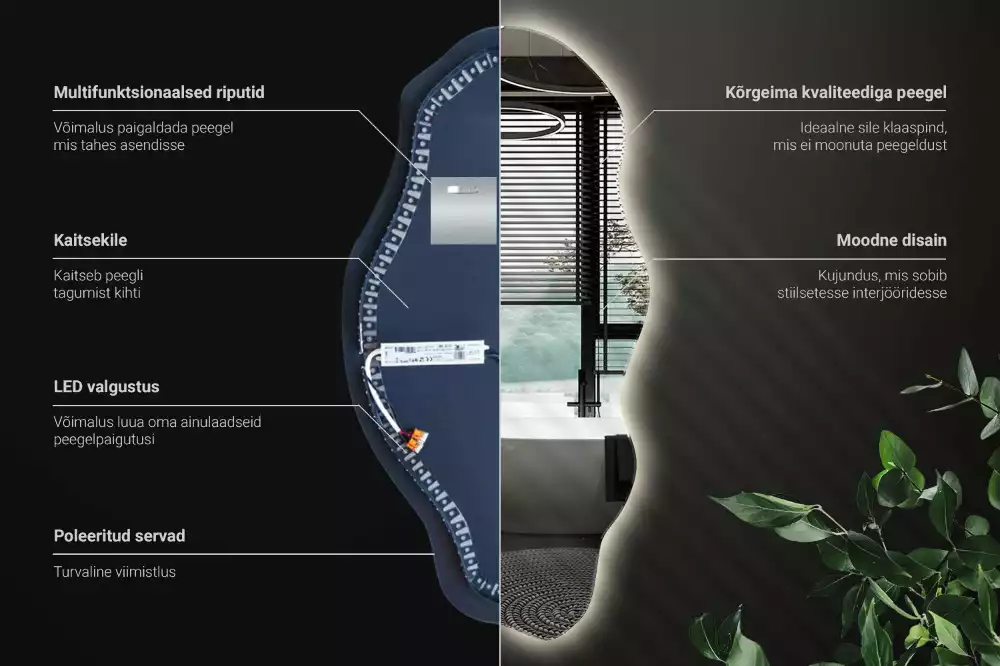 Oglindă decorativă asimetrică suspendată cu iluminare LED