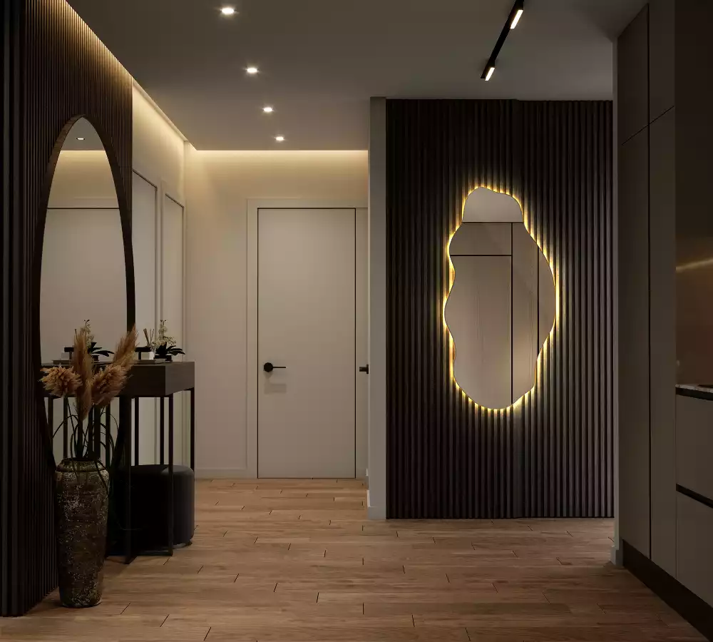 Oglindă decorativă asimetrică suspendată cu iluminare LED