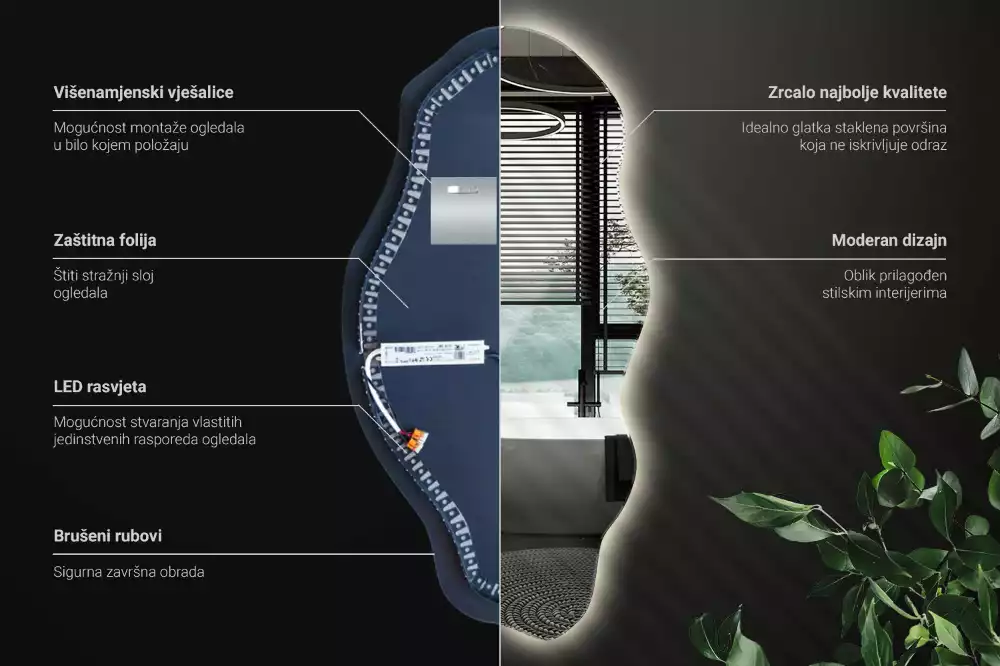 Oglindă decorativă asimetrică suspendată cu iluminare LED