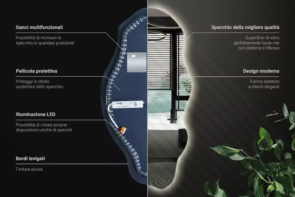 Oglindă decorativă asimetrică suspendată cu iluminare LED