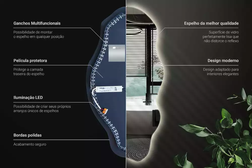 Oglindă decorativă asimetrică suspendată cu iluminare LED