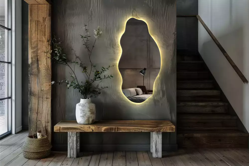 Oglindă decorativă asimetrică suspendată cu iluminare LED
