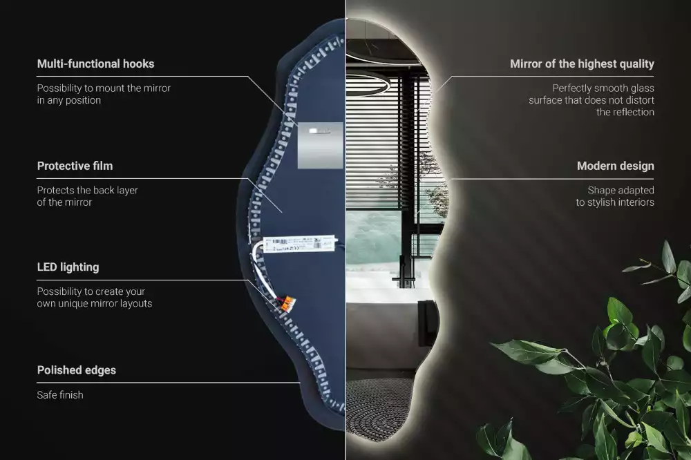 Oglindă decorativă asimetrică suspendată cu iluminare LED