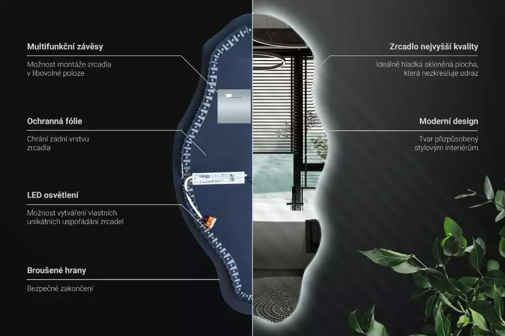 Oglindă decorativă asimetrică suspendată cu iluminare LED