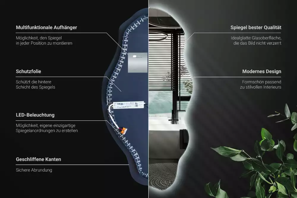 Oglindă decorativă asimetrică suspendată cu iluminare LED