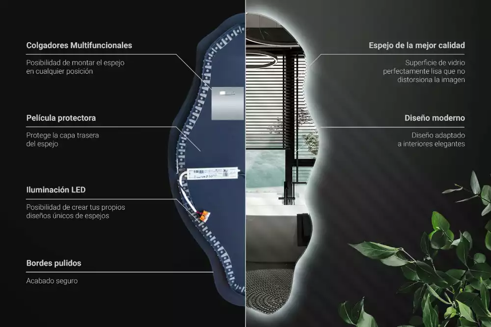 Oglindă decorativă asimetrică suspendată cu iluminare LED