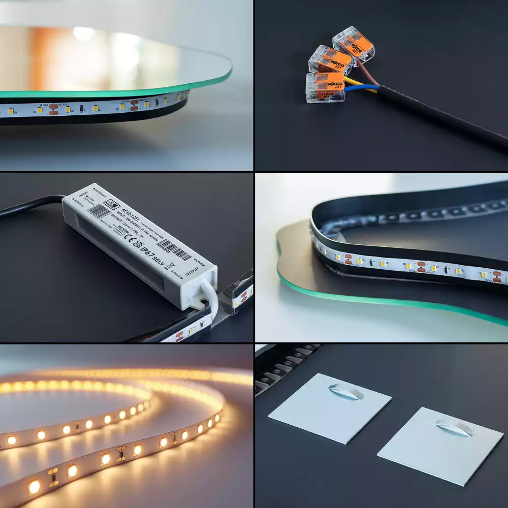 Oglindă decorativă asimetrică suspendată cu iluminare LED