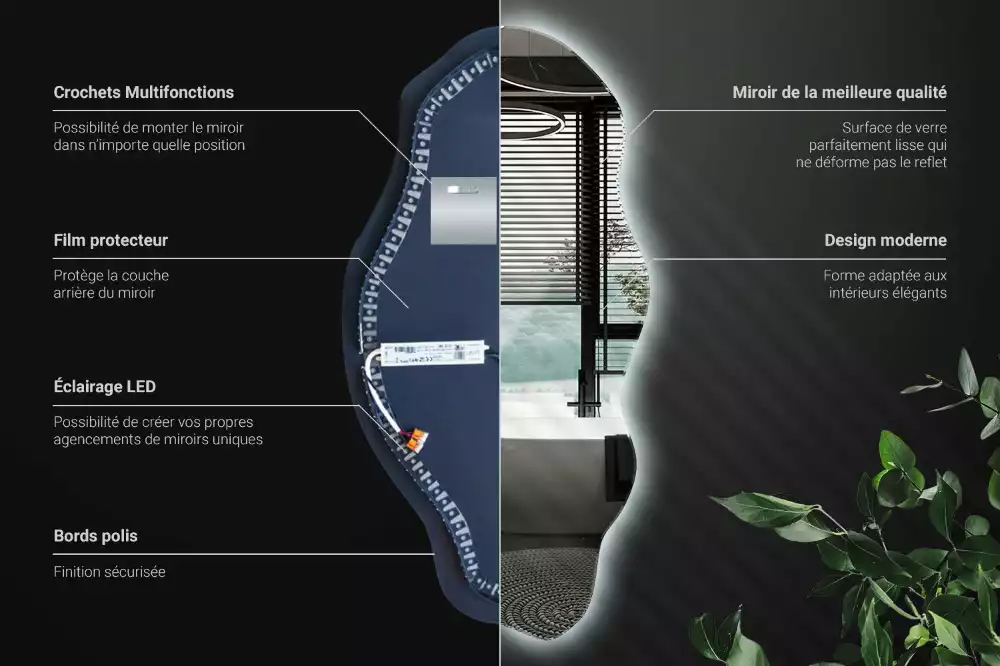 Oglindă decorativă asimetrică suspendată cu iluminare LED