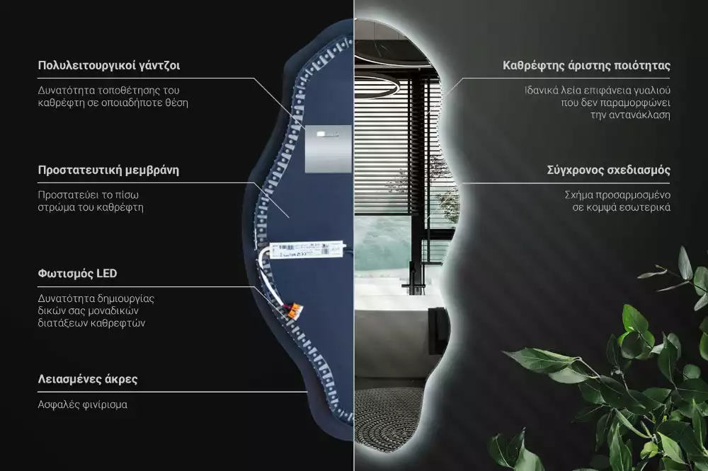 Oglindă decorativă asimetrică suspendată cu iluminare LED