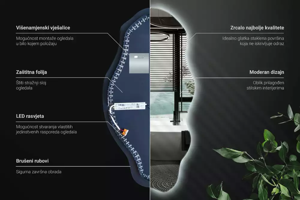 Oglindă decorativă asimetrică suspendată cu iluminare LED