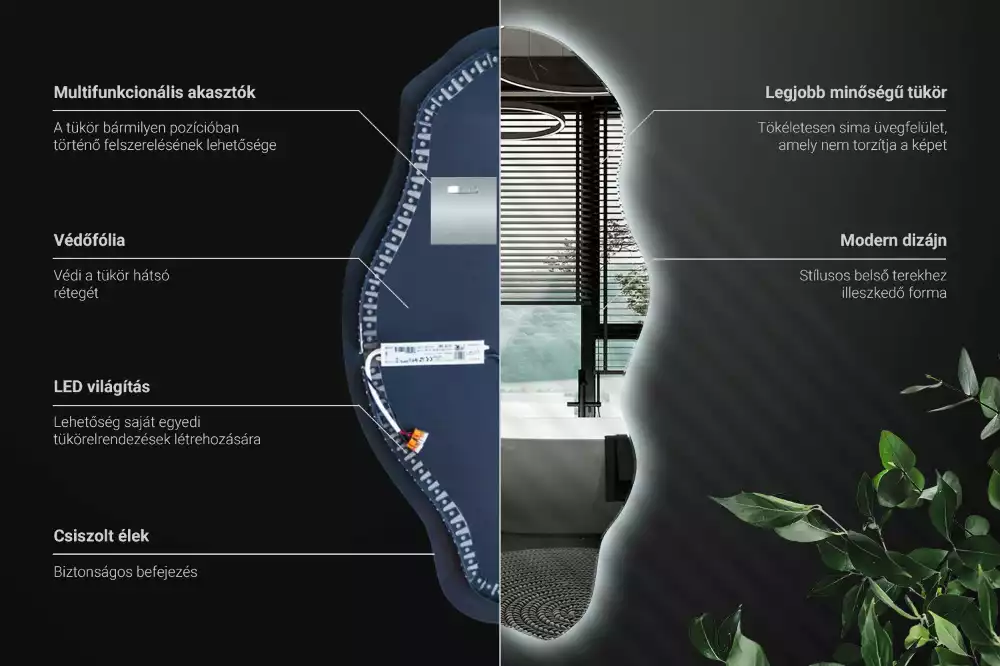 Oglindă decorativă asimetrică suspendată cu iluminare LED