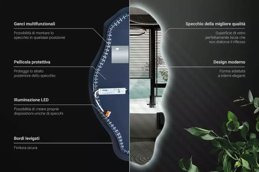 Oglindă decorativă asimetrică suspendată cu iluminare LED