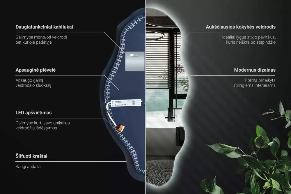 Oglindă decorativă asimetrică suspendată cu iluminare LED