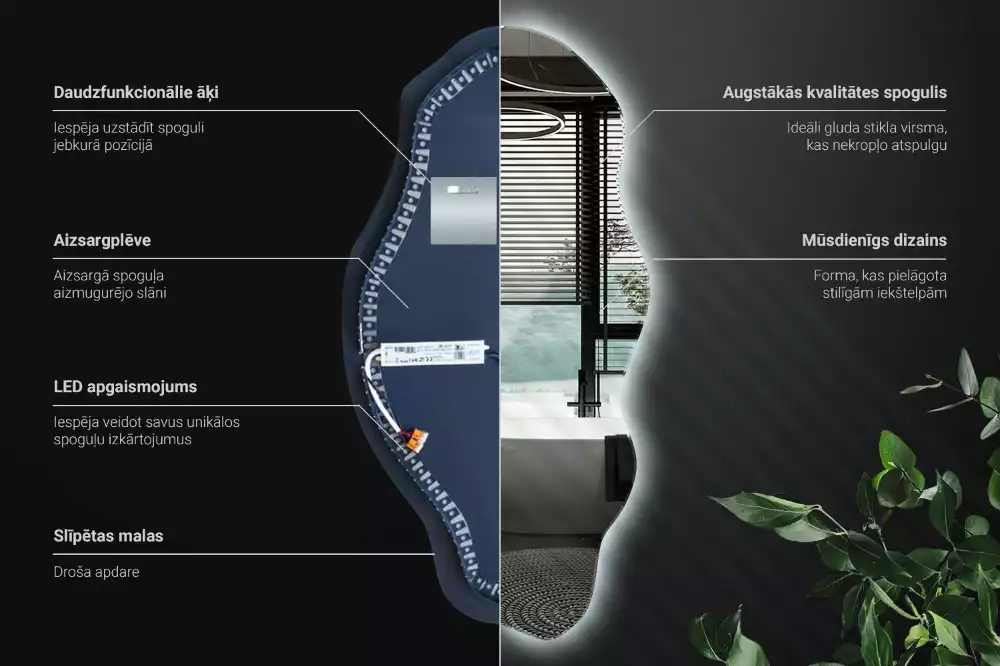 Oglindă decorativă asimetrică suspendată cu iluminare LED