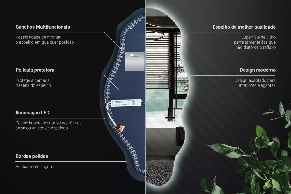 Oglindă decorativă asimetrică suspendată cu iluminare LED