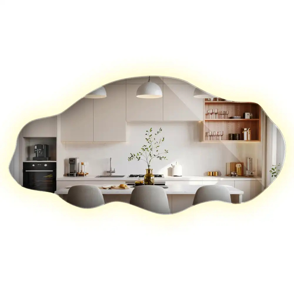 Oglindă decorativă asimetrică suspendată cu iluminare LED
