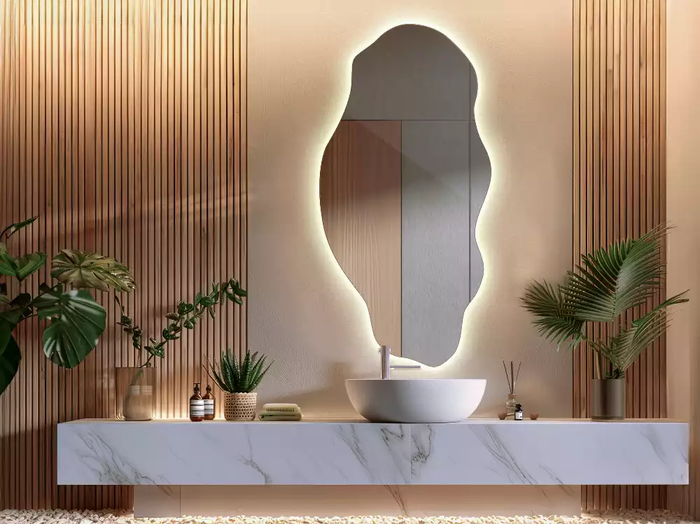 Oglindă decorativă asimetrică suspendată cu iluminare LED