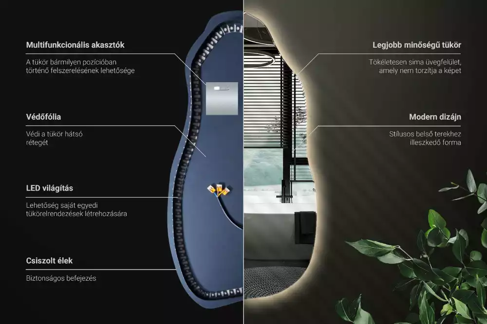 Oglindă asimetrică cu iluminare LED suspendată