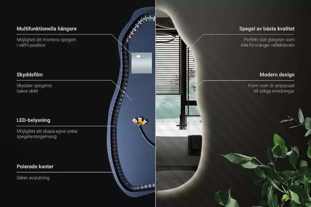 Oglindă asimetrică cu iluminare LED suspendată