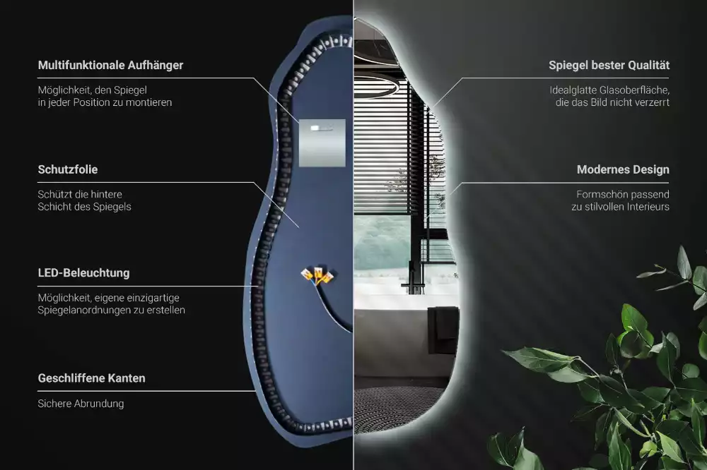 Oglindă asimetrică cu iluminare LED suspendată