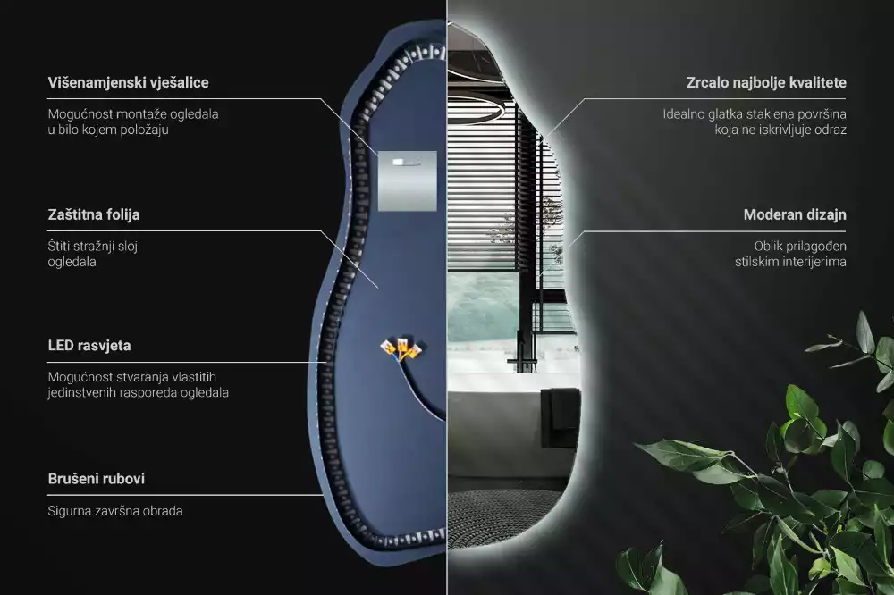Oglindă asimetrică cu iluminare LED suspendată