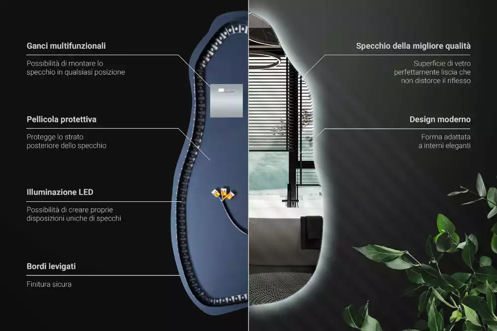 Oglindă asimetrică cu iluminare LED suspendată