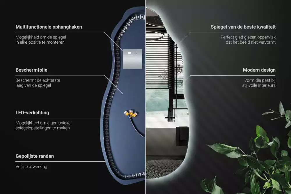 Oglindă asimetrică cu iluminare LED suspendată