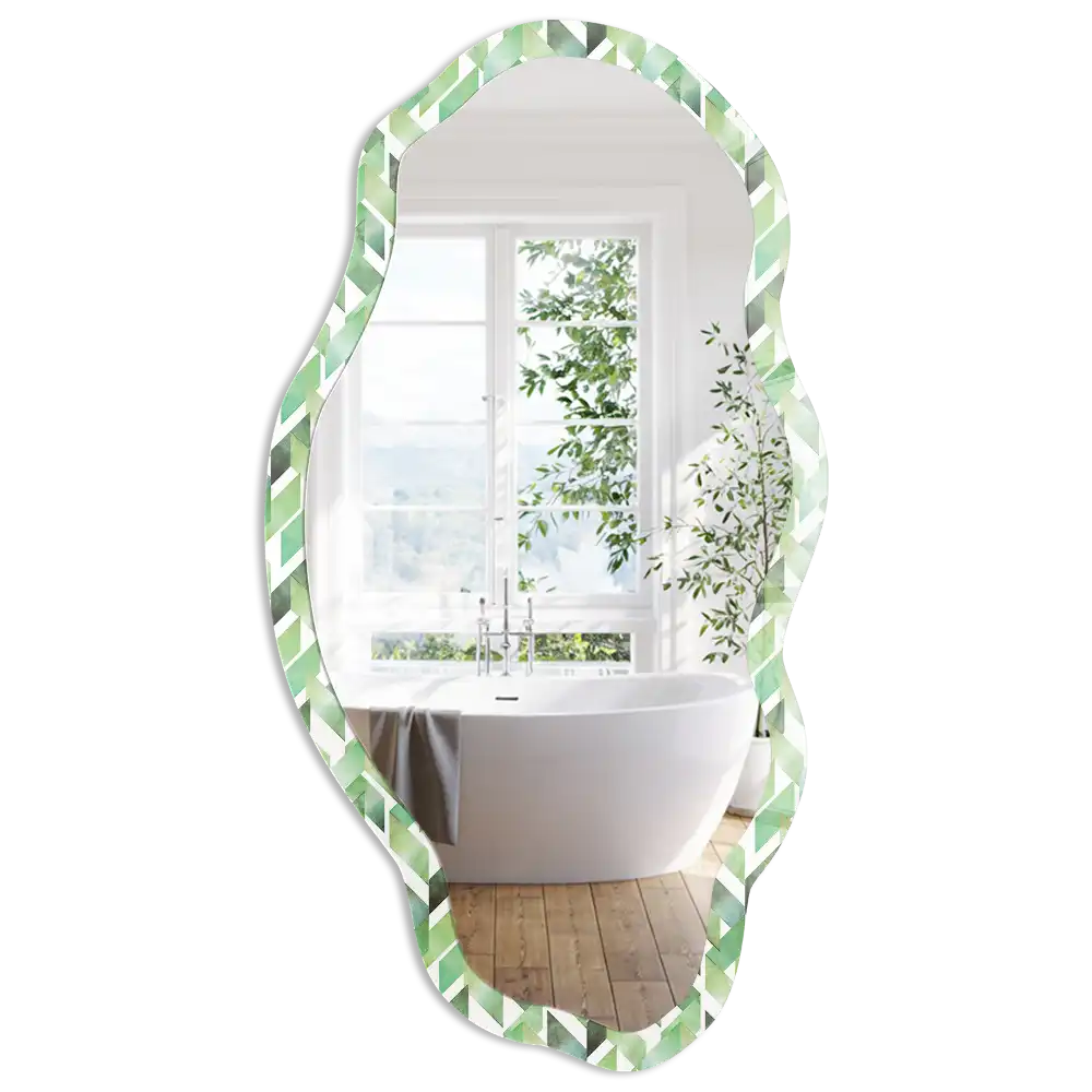 Oglindă decorativă neregulată cu imprimeu geometric verde