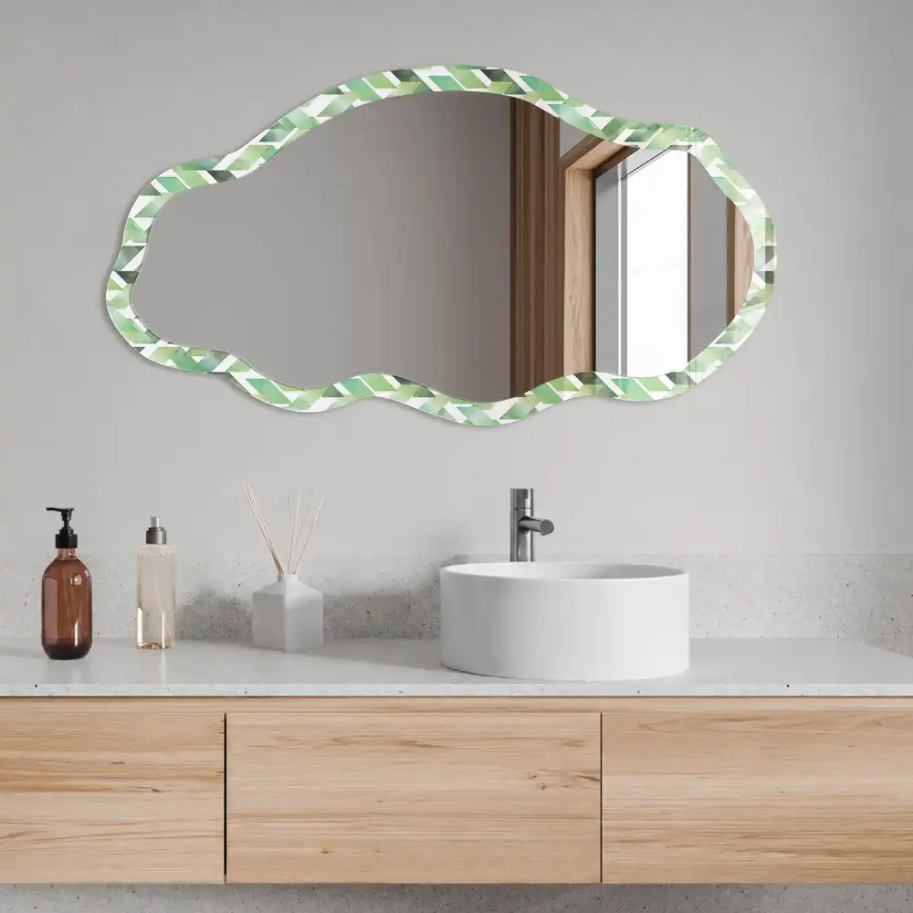 Oglindă decorativă neregulată cu imprimeu geometric verde