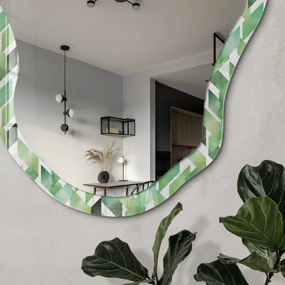 Oglindă decorativă neregulată cu imprimeu geometric verde