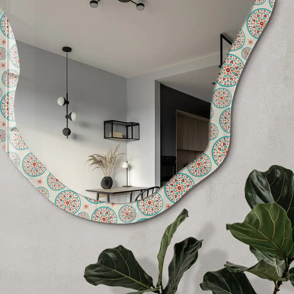 Oglindă decorativă neregulată cu imprimeu mandale colorate
