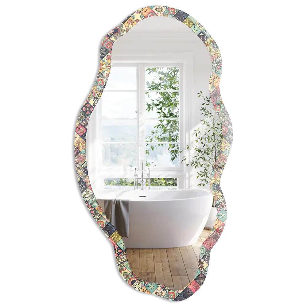 Oglindă decorativă neregulată cu imprimeu patchwork colorat