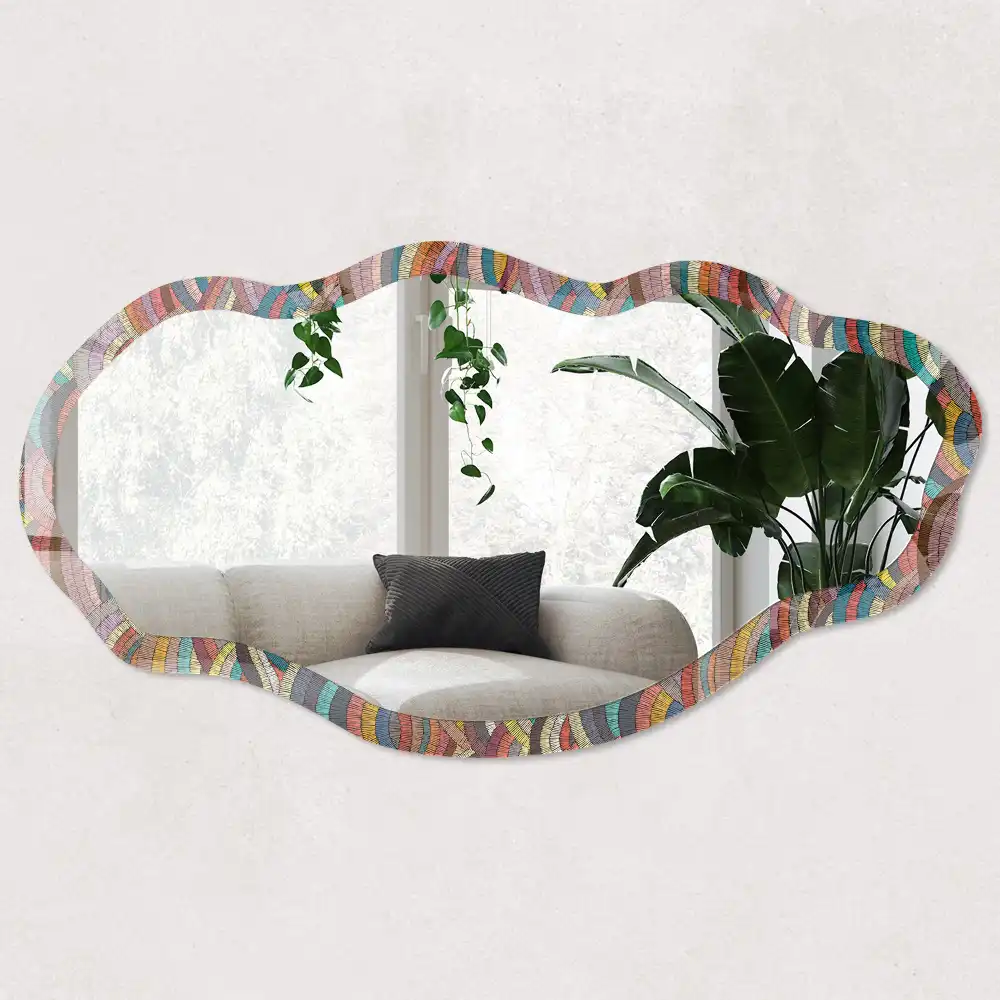 Oglindă decorativă neregulată cu imprimeu valuri curcubeu